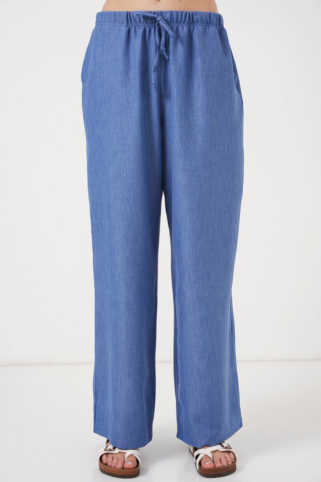 Geniş Paça Keten Pantolon 6735 - İndigo