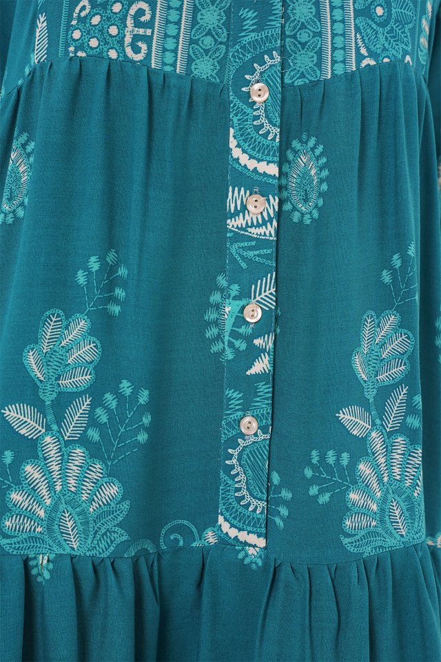 2423 Otantik Desenli Tesettür Elbise - B.Turkuaz