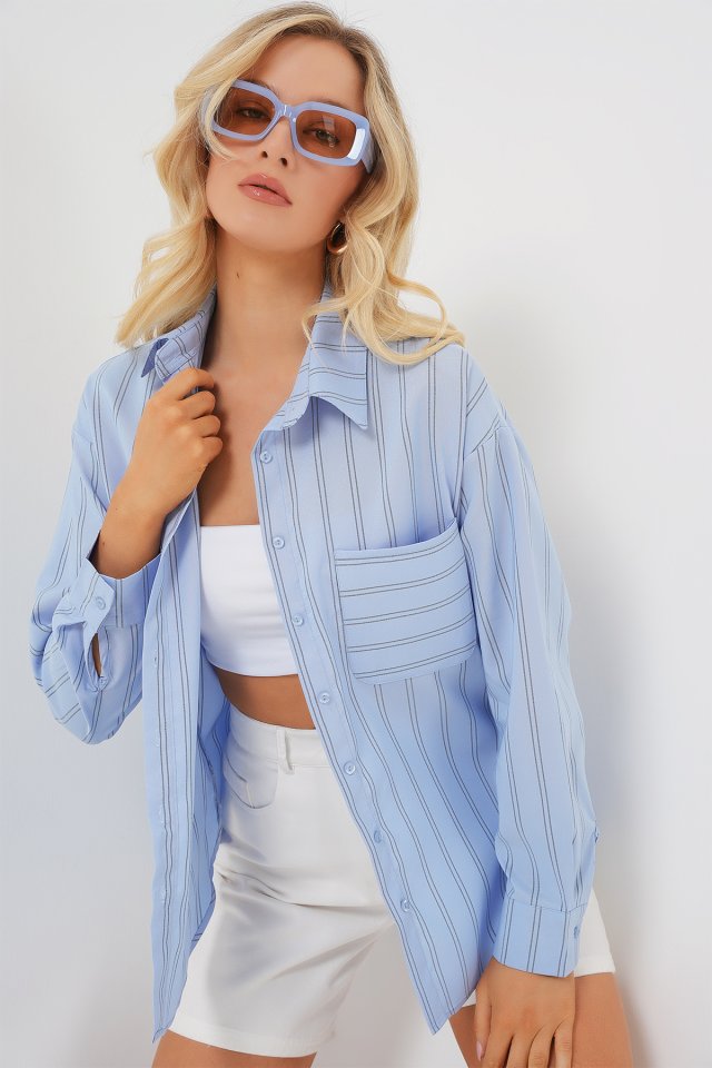 20143 Cepli Oversize Gömlek - Mavi