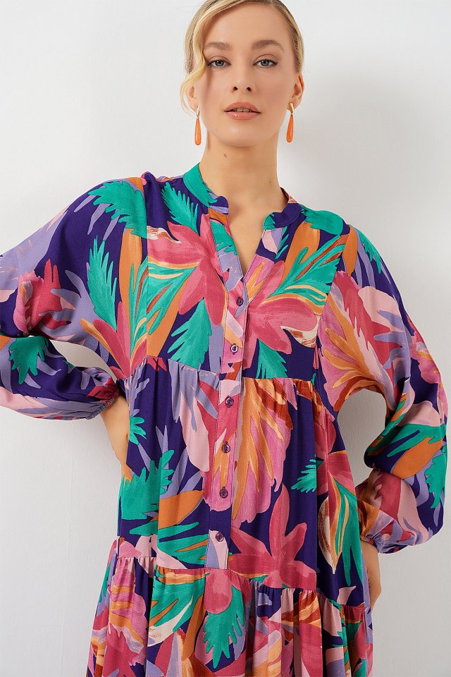 2423 Otantik Desenli Tesettür Elbise - A.Pudra