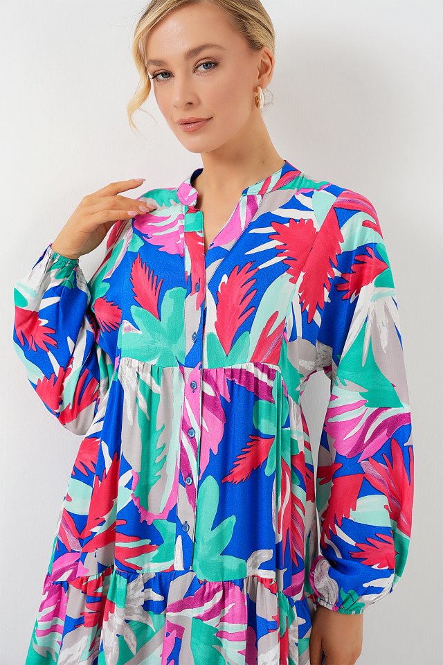 2423 Otantik Desenli Tesettür Elbise - D.Pembe