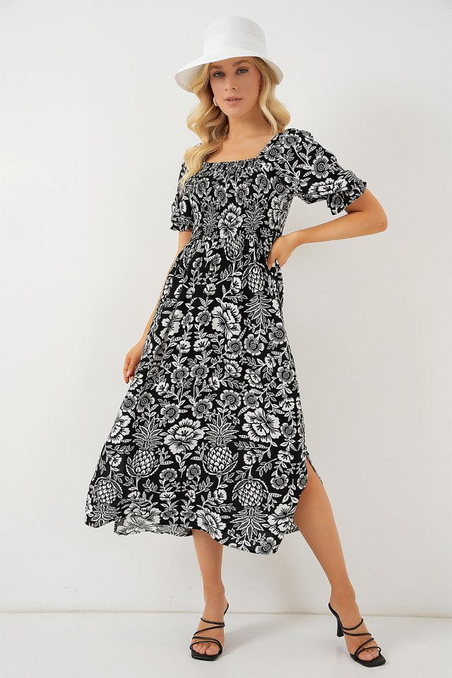 2512 Desenli Yırtmaçlı Elbise - D. Siyah