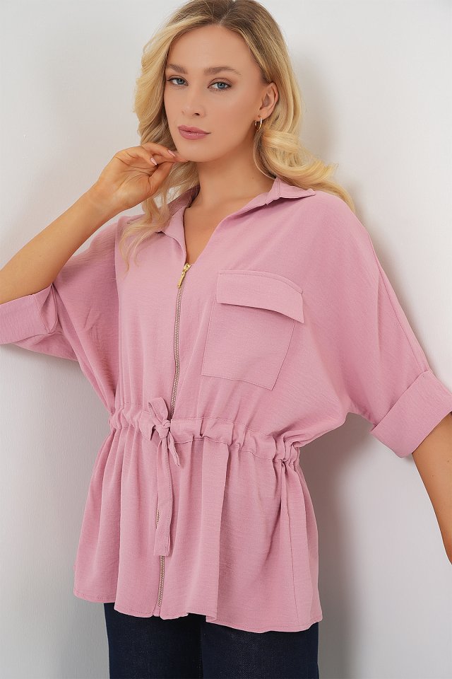 Fermuarlı Gömlek 0721 - Pudra