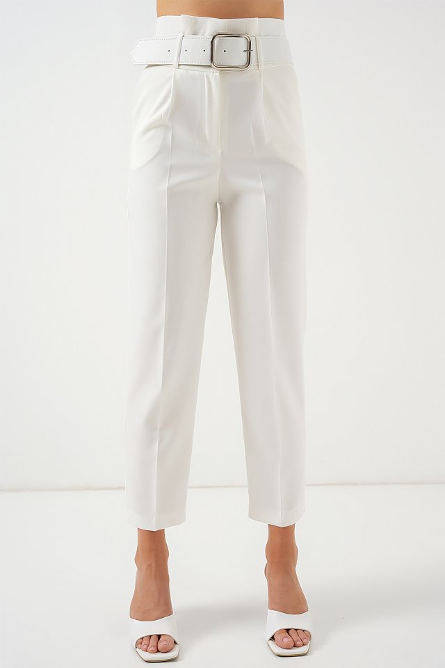 6556 Kemerli Kumaş Pantolon - Ekru