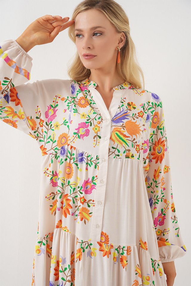 2423 Otantik Desenli Tesettür Elbise - B. Turuncu