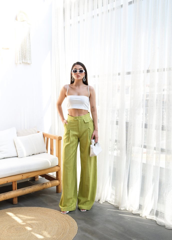 Keten Düğme Detayli Dökümlü Palazzo Pantolon