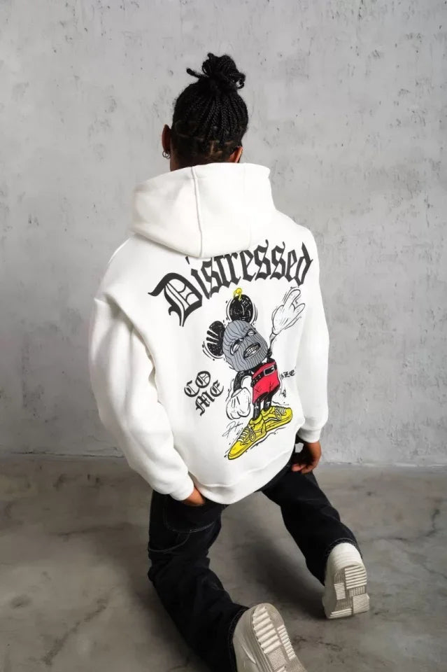 Erkek Üç İplik Baskılı Kapüşonlu Sweat - Beyaz