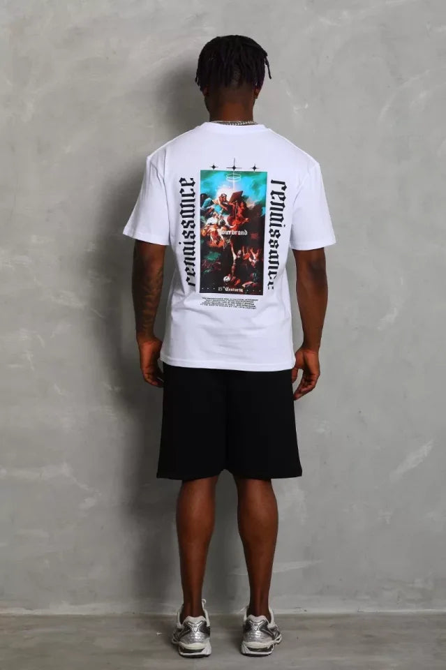 Unisex Oversize Baskılı Bisiklet Yaka T-Shirt - Beyaz