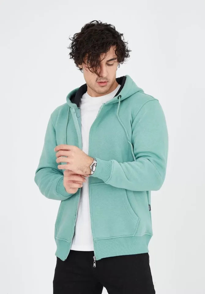 Unisex Tam Fermuarlı Kapşonlu SweatShirt - Mint Yeşili