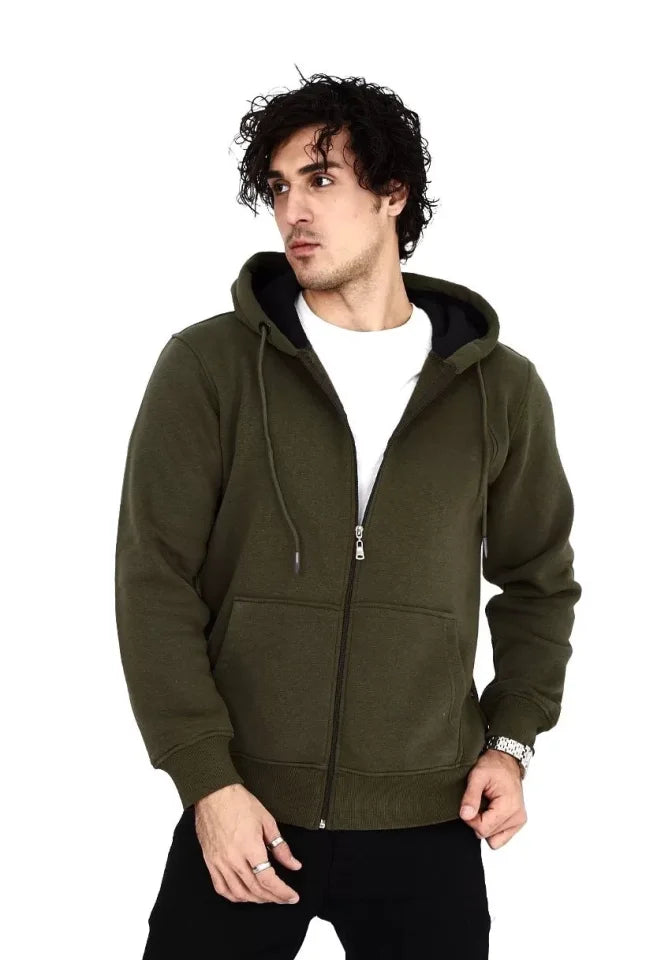 Unisex Tam Fermuarlı Kapşonlu SweatShirt - Haki