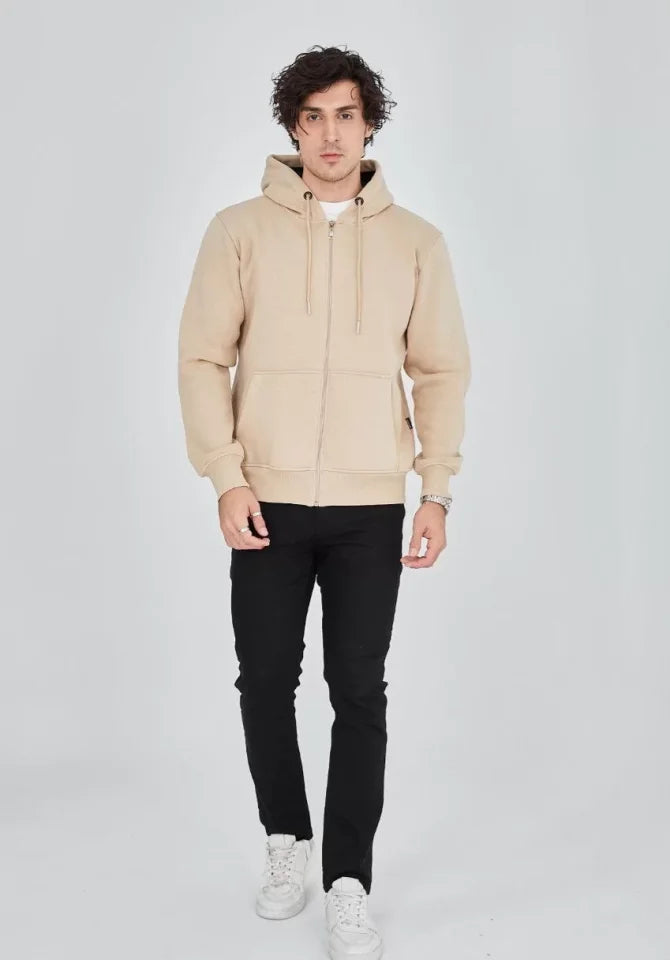 Unisex Tam Fermuarlı Kapşonlu SweatShirt - Bej