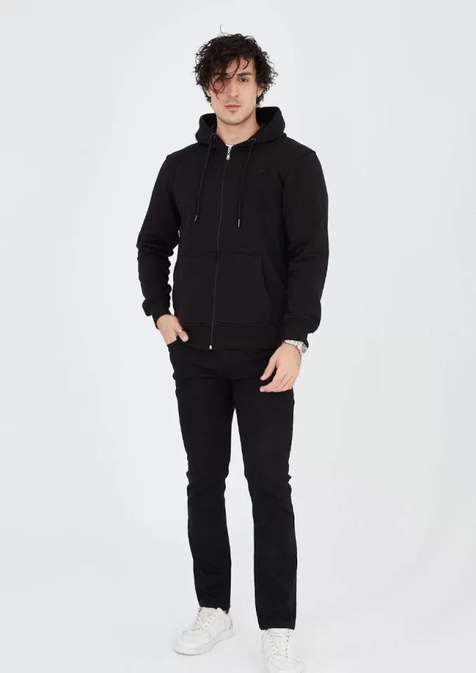 Unisex Tam Fermuarlı Kapşonlu SweatShirt - Siyah