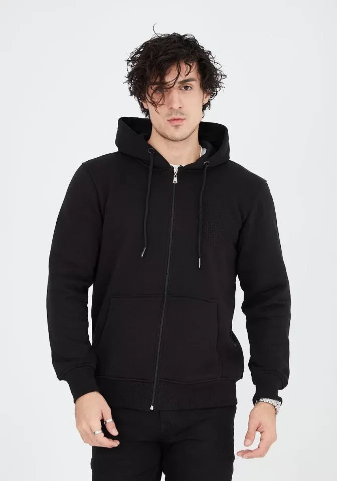 Unisex Tam Fermuarlı Kapşonlu SweatShirt - Siyah