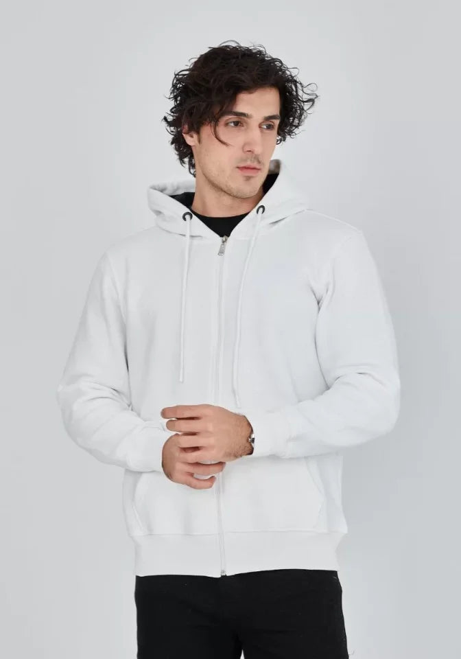 Unisex Tam Fermuarlı Kapşonlu SweatShirt - Beyaz