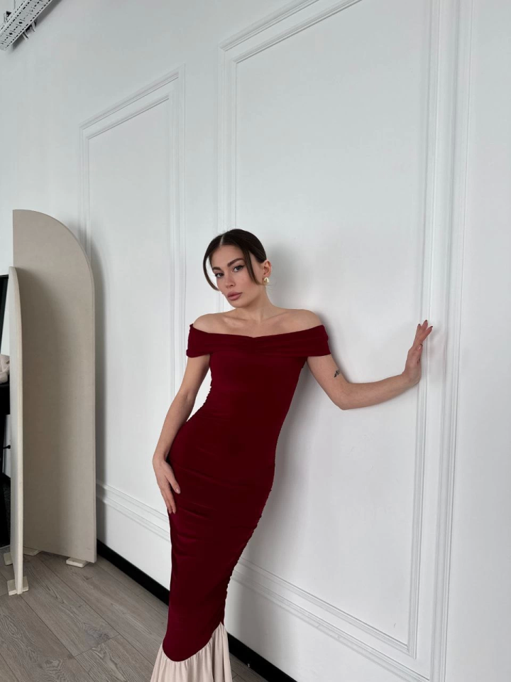 Striptiz Omuzlu Uzun Elbise- Bordo