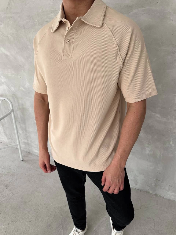 Yakalı Patlı Kısa Kol T-shirt - Bej