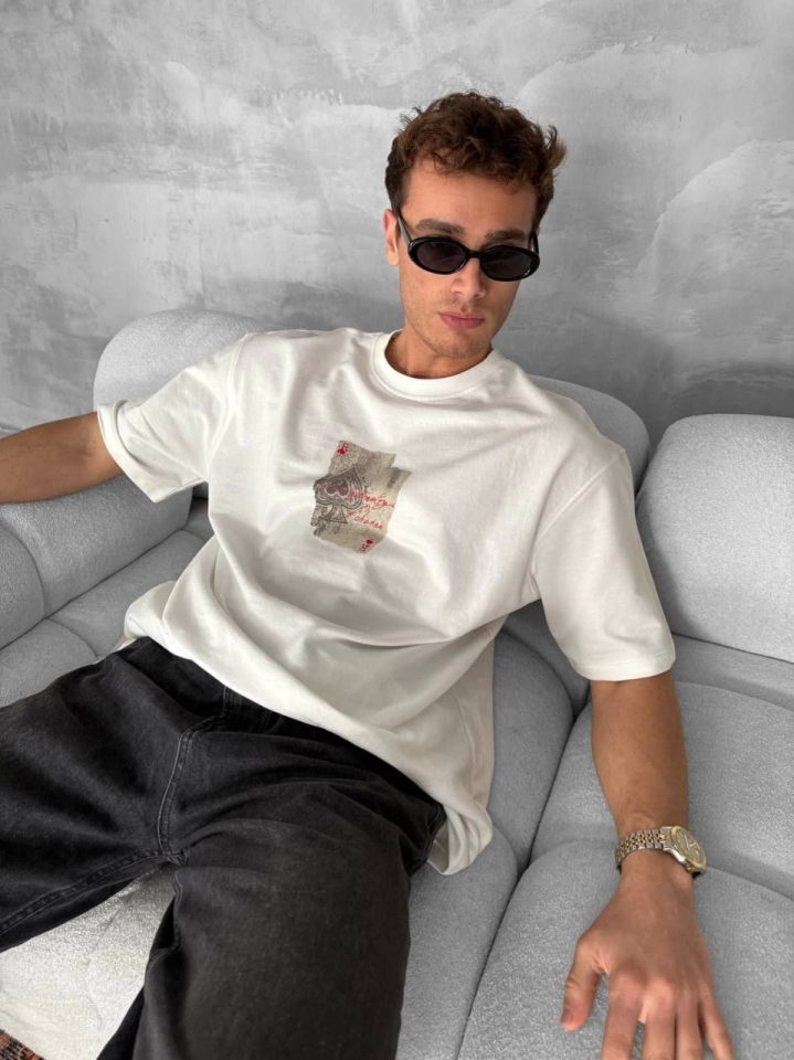 Erkek Ön Ve Arka Baskılı Oversize Bisiklet Yaka T-shirt - Beyaz