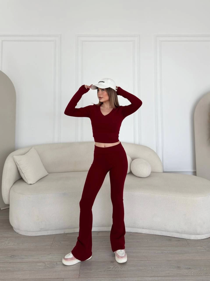 V Yaka Uzun Kollu Bluz İspanyol Paçalı Tayt İkili Takım - Bordo