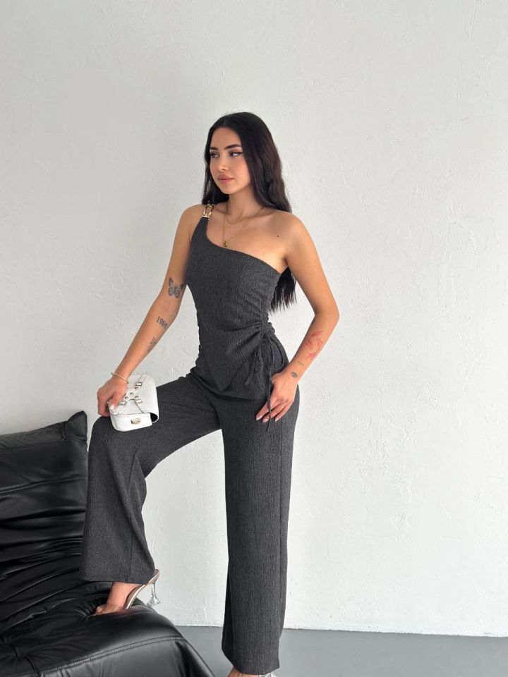 Asimetrik Crop Pantalon Ikili Takım - Füme
