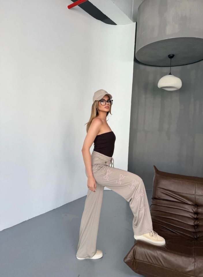 Osy Modal Yumuşak Dokulu Kumaş Nakış Işlemeli Rahat Bol Paça Eşofman Pantalon - Bej
