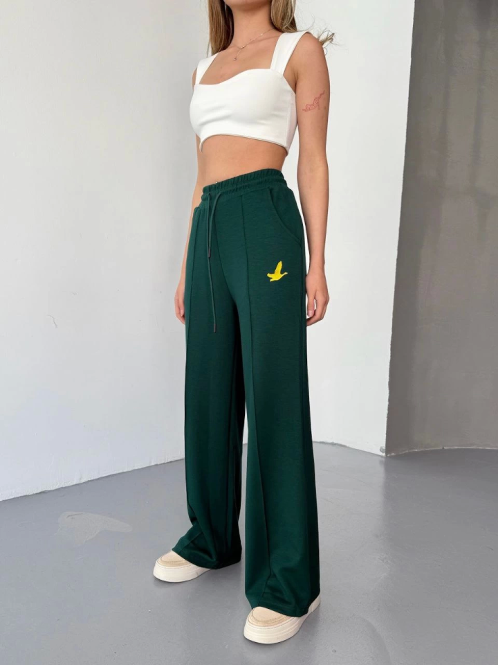 Osy Modal Yumuşak Dokulu Kumaş Nakış Işlemeli Rahat Bol Paça Eşofman Pantalon - Haki