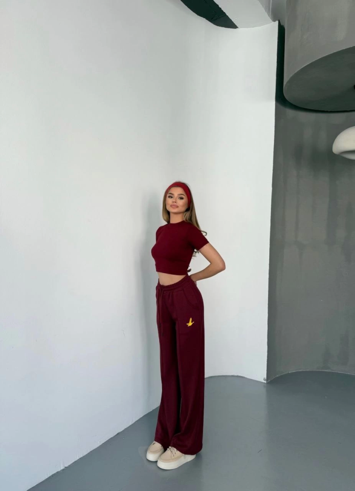 Osy Modal Yumuşak Dokulu Kumaş Nakış Işlemeli Rahat Bol Paça Eşofman Pantalon - Bordo