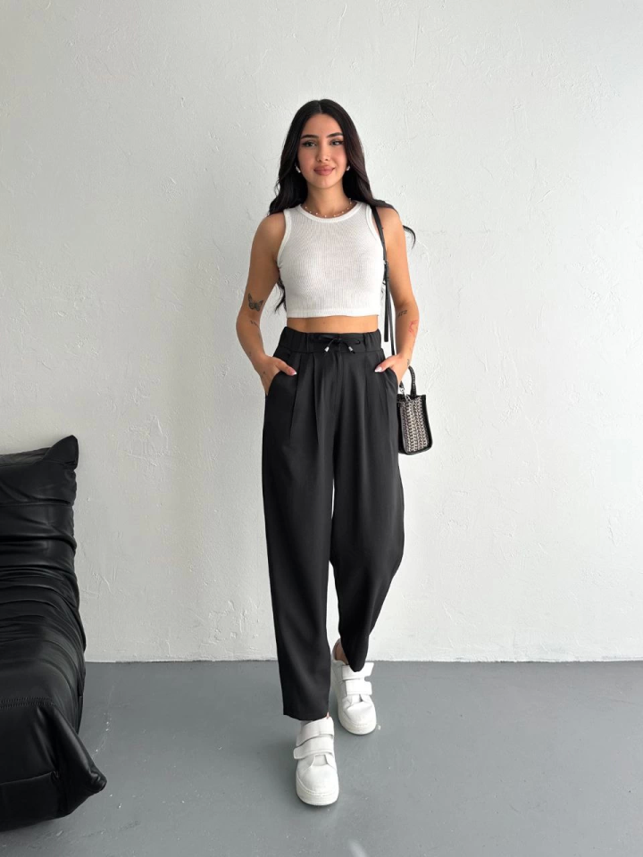 Yüksel Bel Rahat Paça Pantalon - Siyah