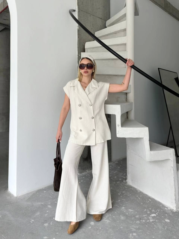 Keten Sıfır Kol Blezer Ceket Pantolon Ikili Takım- Beyaz