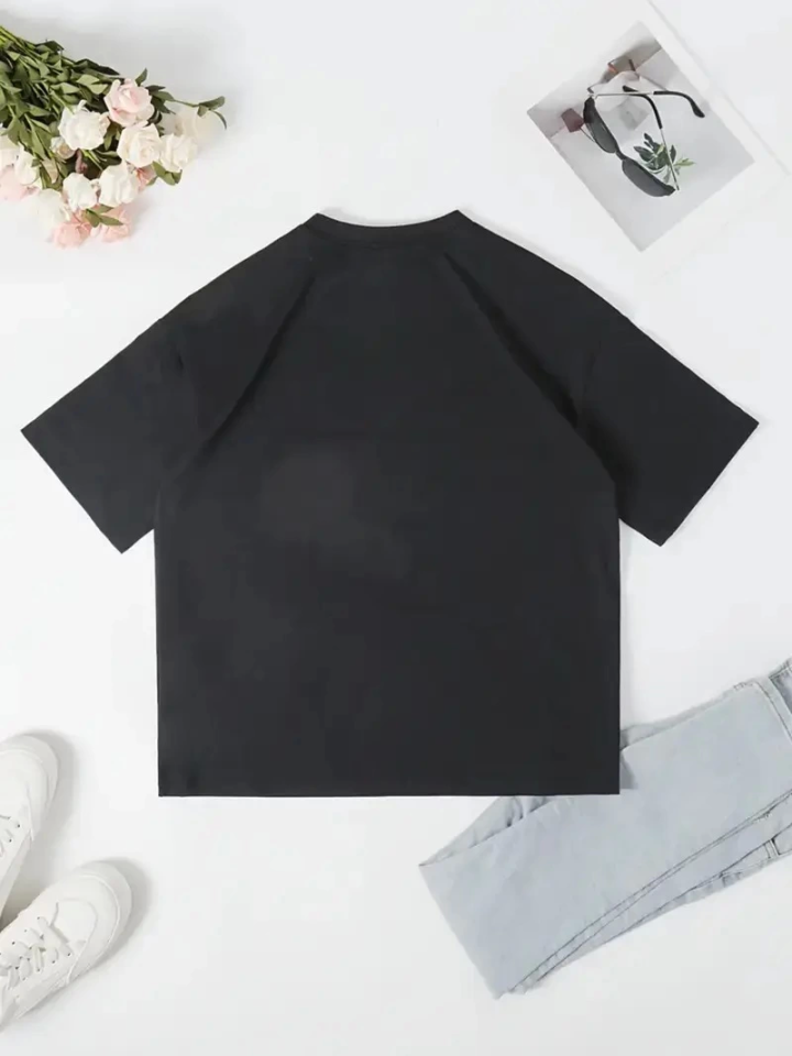 Baskılı Oversize Bisiklet Yaka T-shirt - Siyah