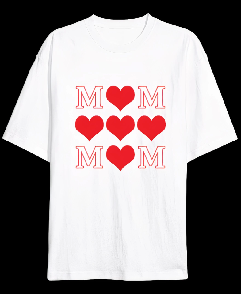 Anneler Gününe Özel Tasarım MOM Kalp Baskılı T-shirt - Beyaz