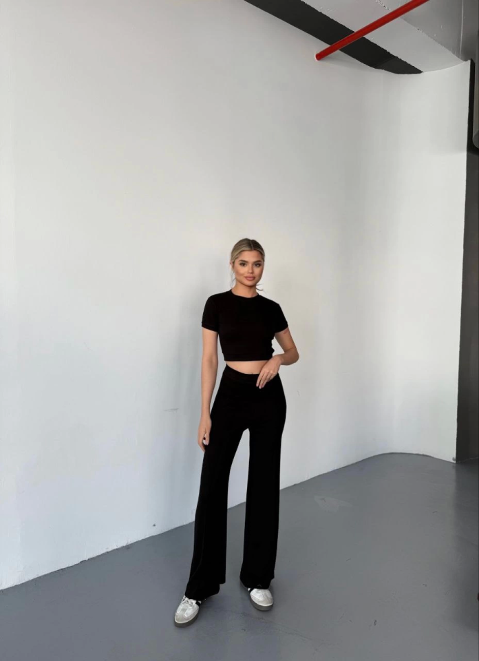 Osy Modal Yumuşak Dokulu Kumaş Kısa Kollu Crop Rahat Pantalon Ikili Takım - Siyah