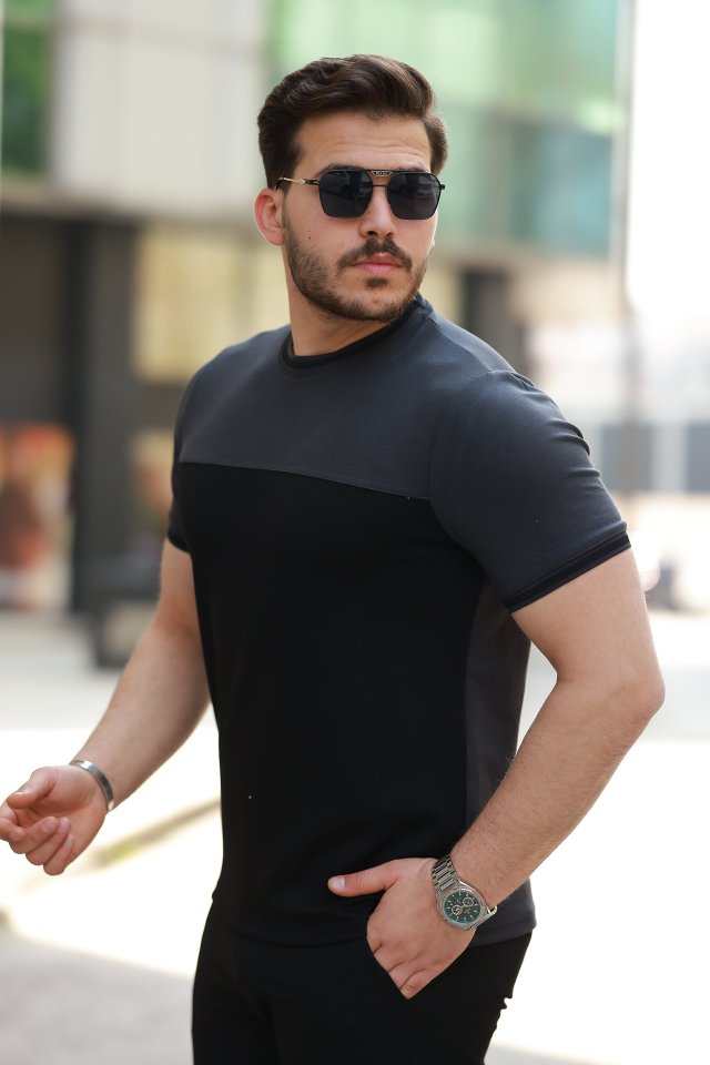 Erkek Bisiklet Yaka Parçalı Renk Kısa Kollu Tshirt
