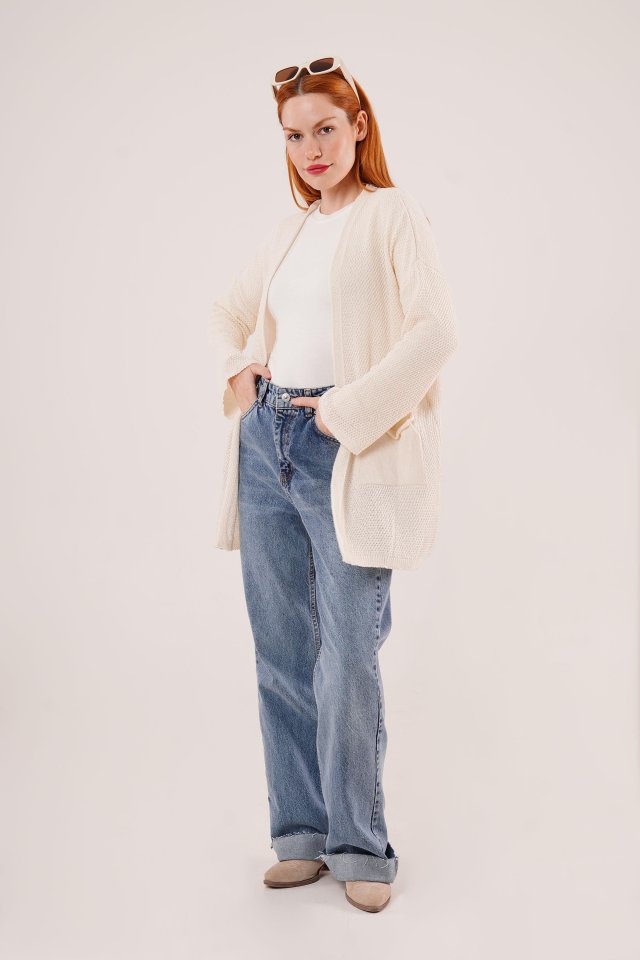 Cepli Salaş Model Triko Uzun Krem Hırka