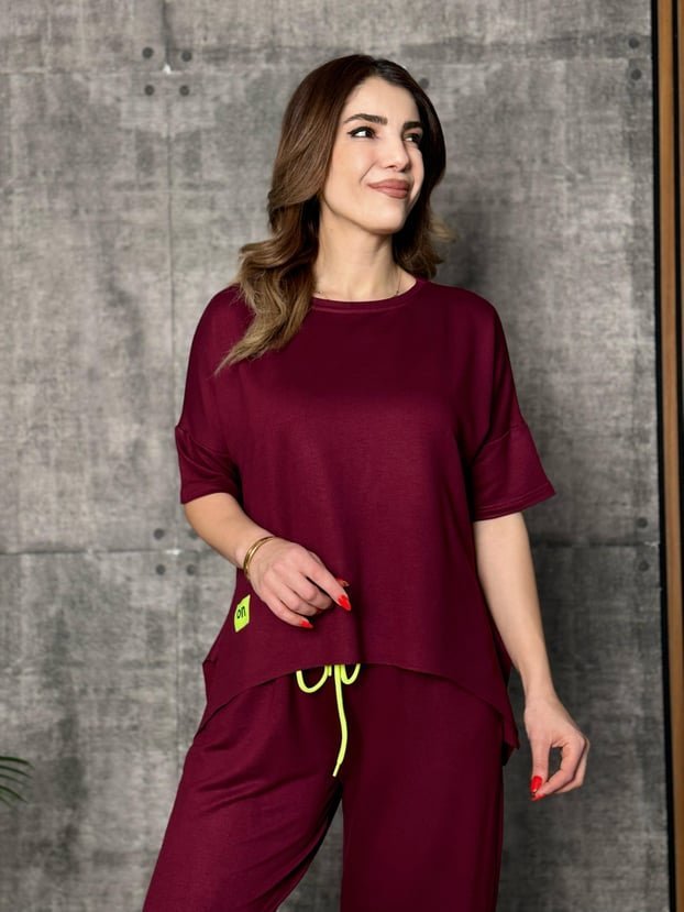 Kadın Kısa Kollu Bisiklet Yaka Viskon Iki Iplik Bluz Ve Pantolon Ikili Takım