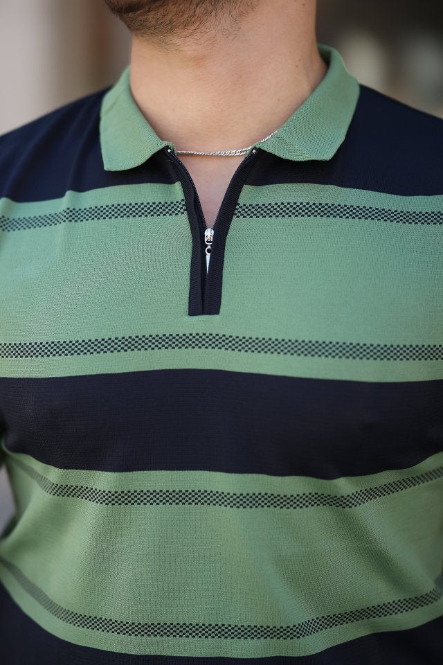 Erkek Yakalı Fermuarlı çift Renk Kısa Kollu T-shirt