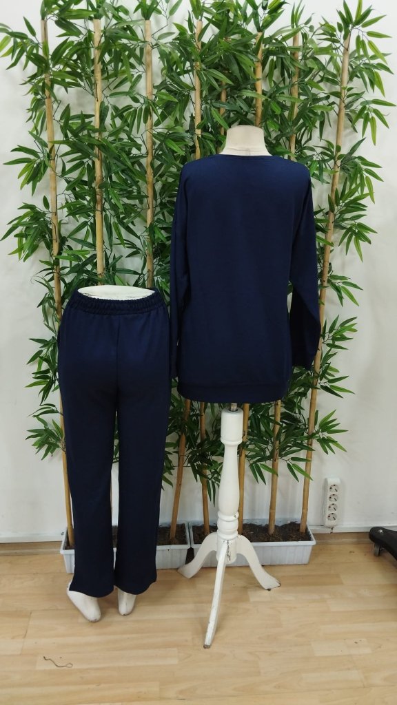 Kadın Uzun Kollu Bisiklet Yaka Viskon Iki Iplik Bluz Ve Pantolon Ikili Takım