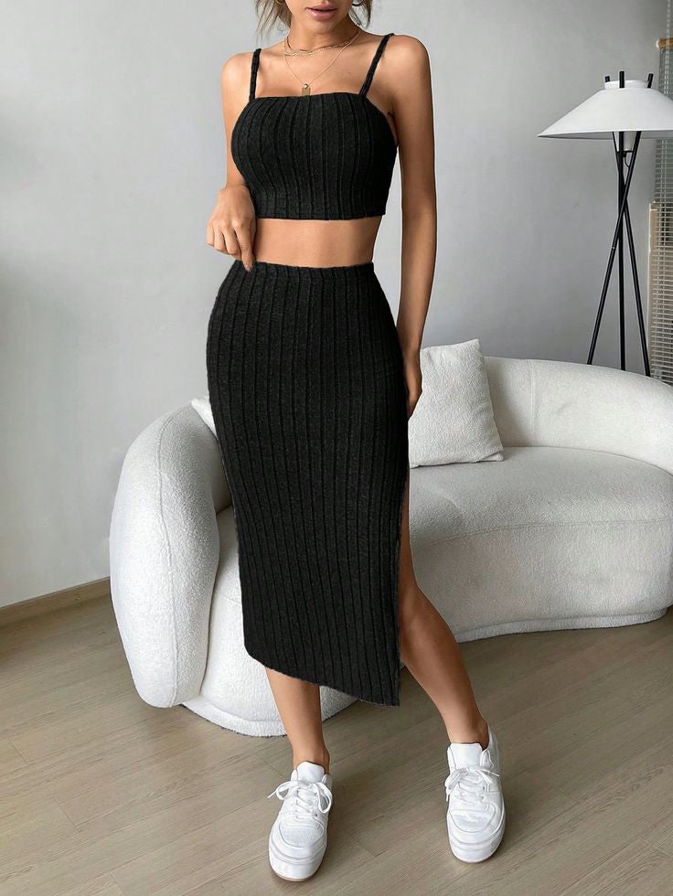 Kadın Kolsuz Askılı Crop Yırtmaçlı Midi Etek Fitilli Kaşkorse Takım