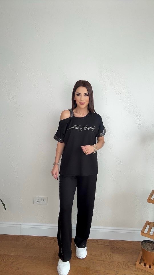 Kadın Kristal Kumaş Omuz Dekolteli Siyah Takım