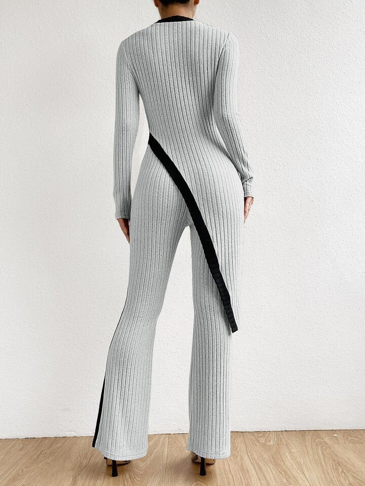 Kadın Uzun Kollu Bisiklet Yaka Asimetrik Kesim Bluz şardonlu Kaşkorse Bluz Ve Pantolon Ikili Takım