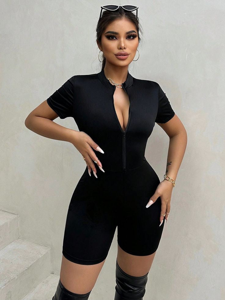 Kadın Kısa Kollu önü Fermuarlı Bodycon Dalgıç Tulum