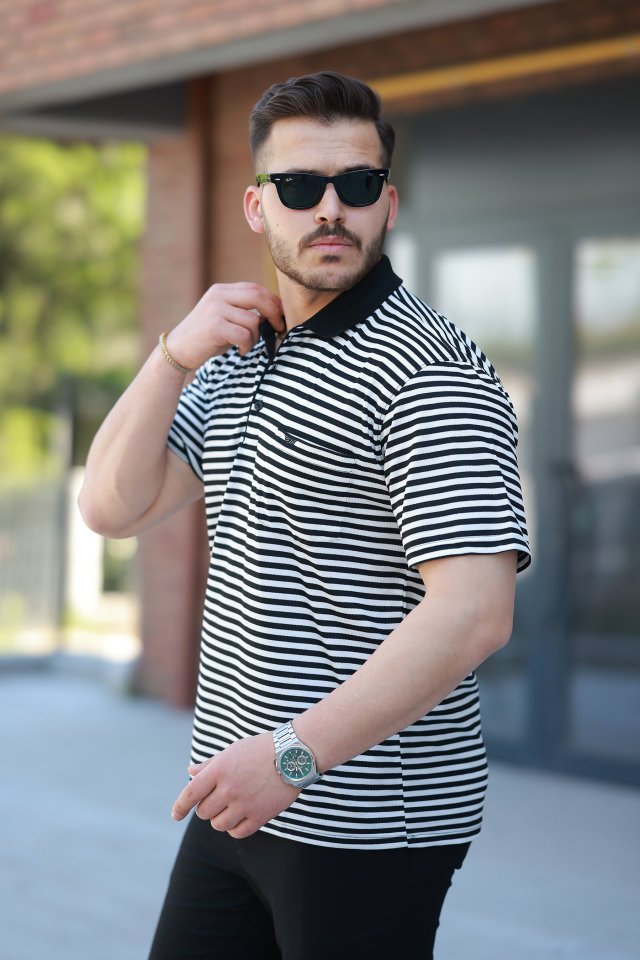 Erkek Yakalı çizgili Kısa Kollu T-shirt