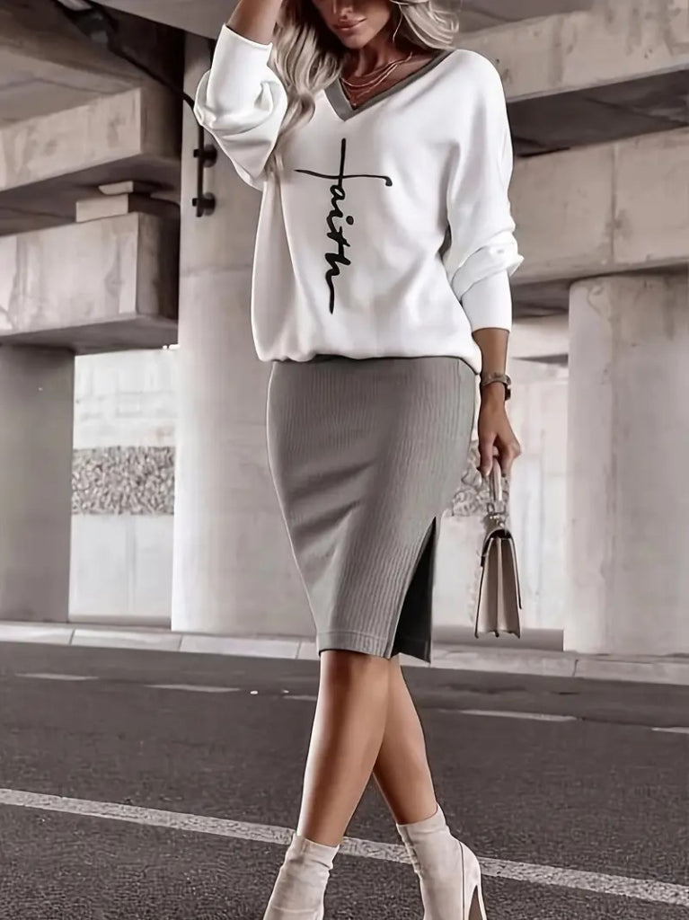 Kadın Uzun Kollu V Yakalı Iki Iplik Bluz Ve şardonlu Kaşkorse Etek Ikili Takım