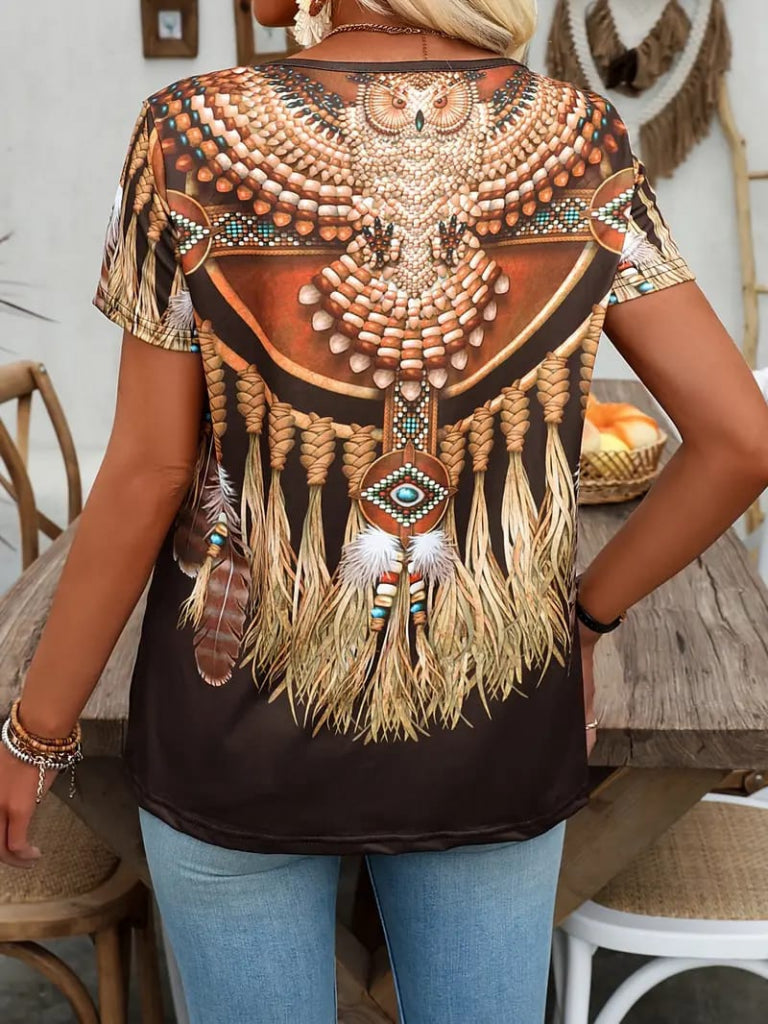 Kadın Kısa Kollu V Yakalı Kısa Kollu Salaş Desenli Süprem Bluz