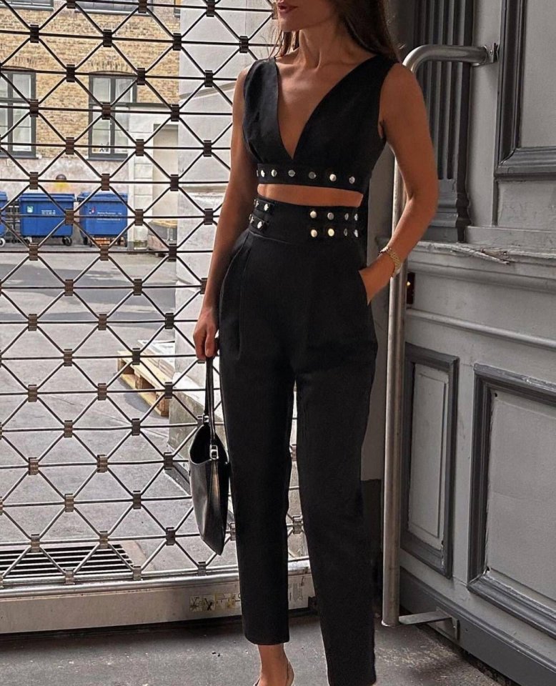 Kadın Double Krep Kumaş Düğme Aksesuar Detaylı Takım