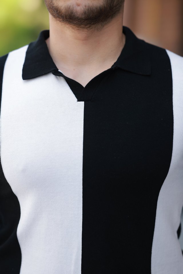 Erkek Kısa Kollu Polo Yakalı Blok Desenli Triko Bluz