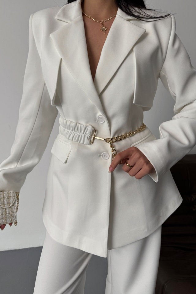 CEKET PANTOLON TAKIM TASARIM ZİNCİRKEMER DETAYLI - Beyaz