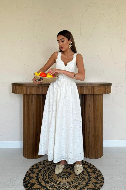 Ekru Dantel Detaylı Askılı Elbise