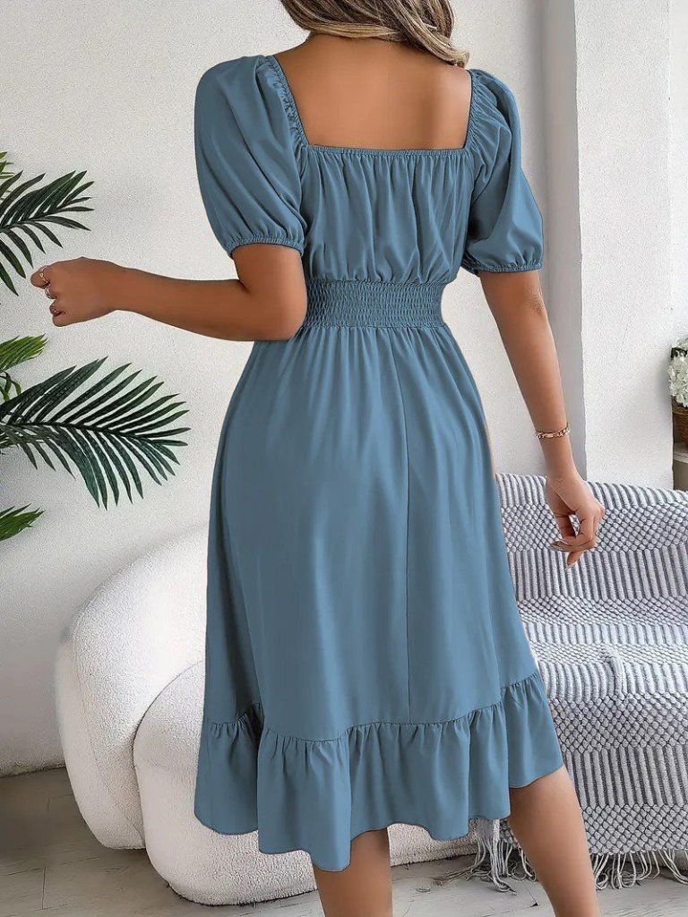 Kadın Kısa Kollu Kare Yakalı Beli Lastikli Kısa Trikoton Elbise