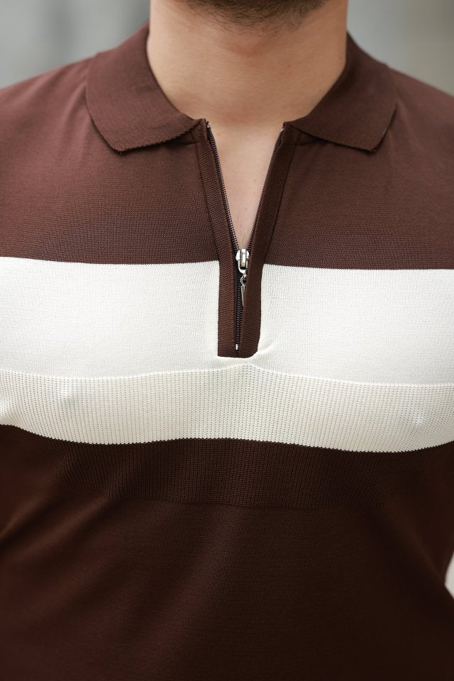 Erkek Fermuar Yakalı şerit Renk Desenli Kısa Kollu Tişört