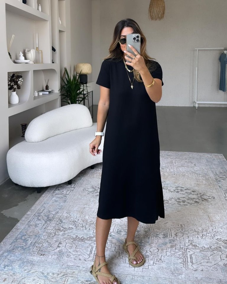 Kadın Viskon Kumaş Kısa Kollu çift Yırtmaç Detaylı Salaş Elbise